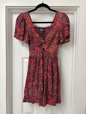 Angie Paisley Floral Mini Dress in Burgundy and Coral Pink